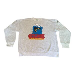 Vtg 90's Cookie Monster Crewneck Large Sesame Street Pullover‎ Sweatshirt Gray